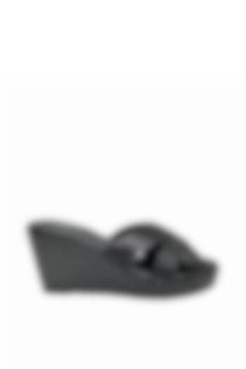 Black Artificial Leather Shimmer Criss-Cross Wedges by Modanta