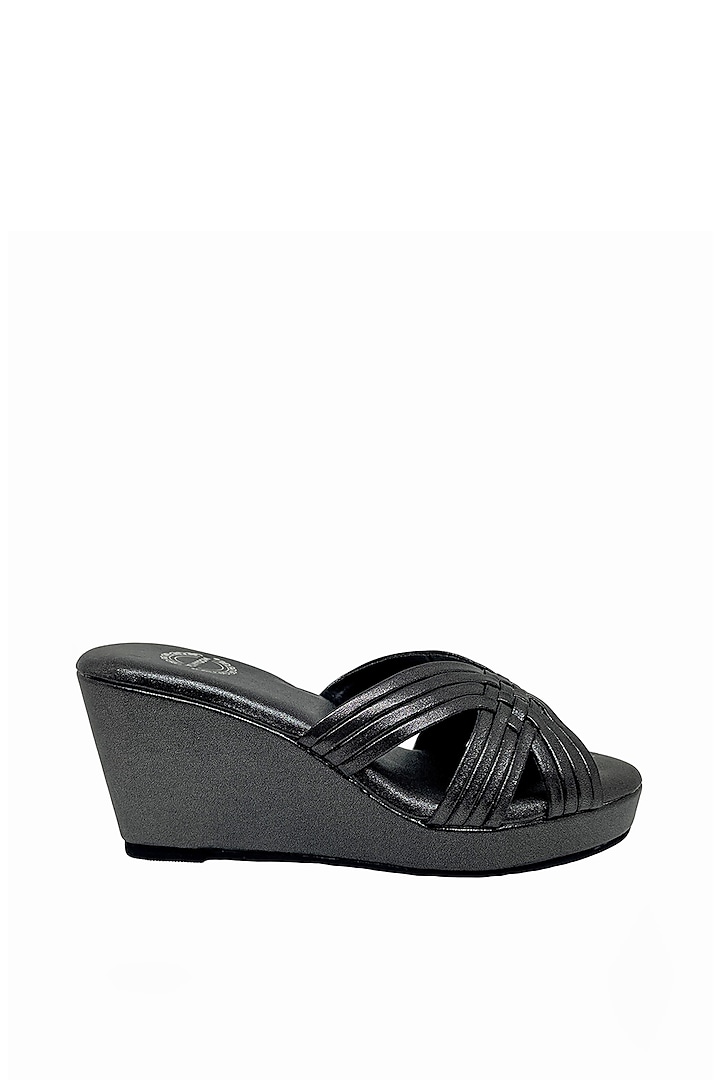 Black Artificial Leather Shimmer Criss-Cross Wedges by Modanta