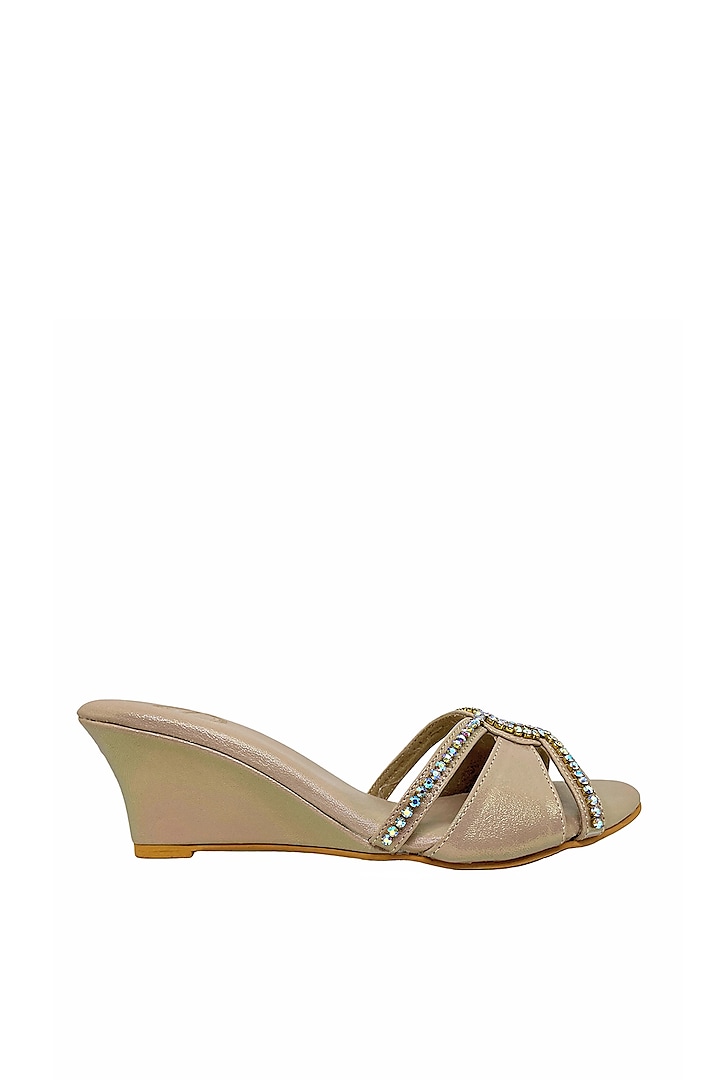 Beige Artificial Leather Diamond Embroidered Wedges by Modanta