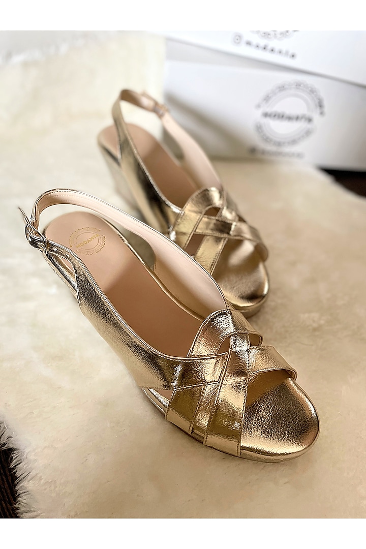 Gold Artificial Leather Handmade Wedges by Modanta at Pernia's Pop Up Shop