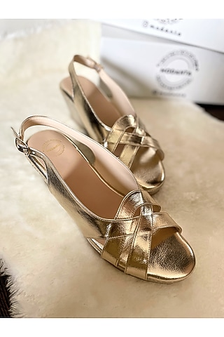 Gold Artificial Leather Handmade Wedges by Modanta