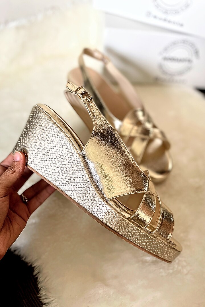 Gold Artificial Leather Handmade Wedges by Modanta at Pernia's Pop Up Shop
