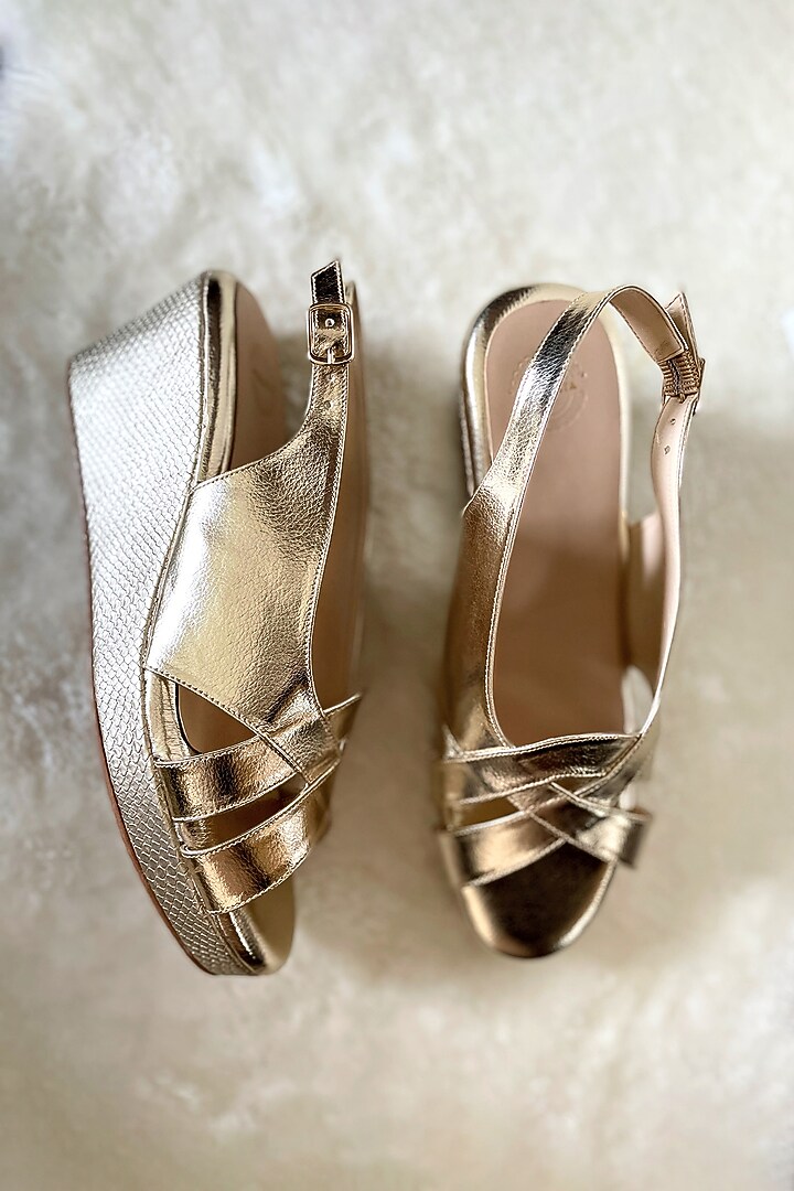Gold Artificial Leather Handmade Wedges by Modanta at Pernia's Pop Up Shop