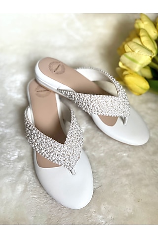 White Artificial Leather Pearl Handmade Wedges by Modanta