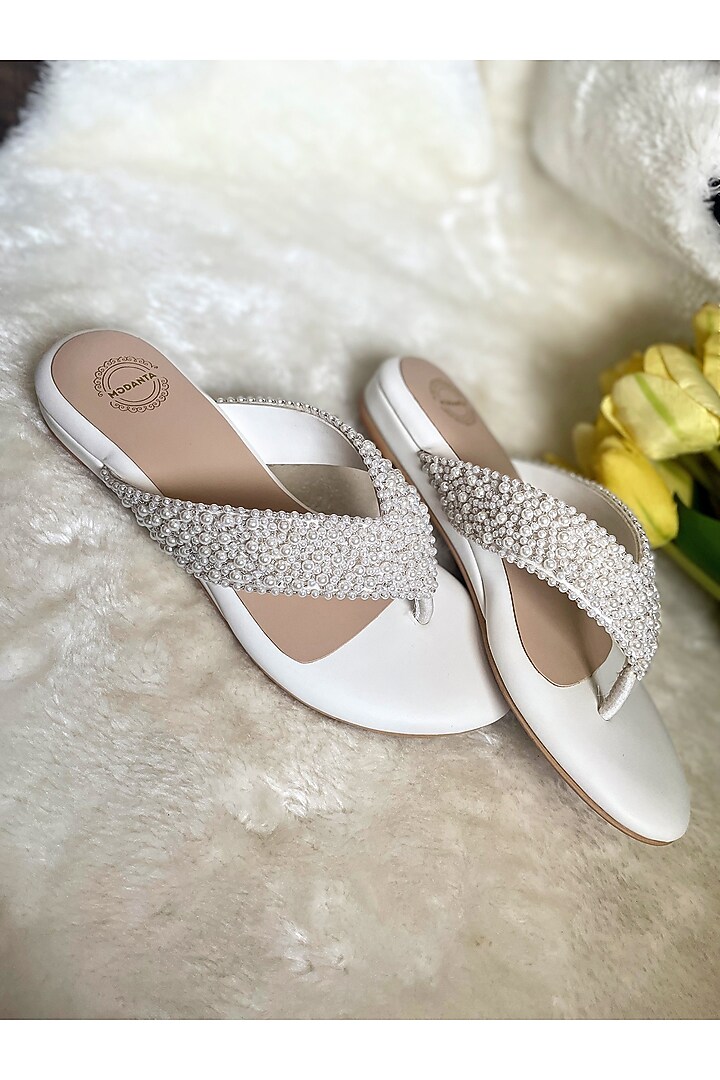 White Artificial Leather Pearl Handmade Wedges by Modanta at Pernia's Pop Up Shop