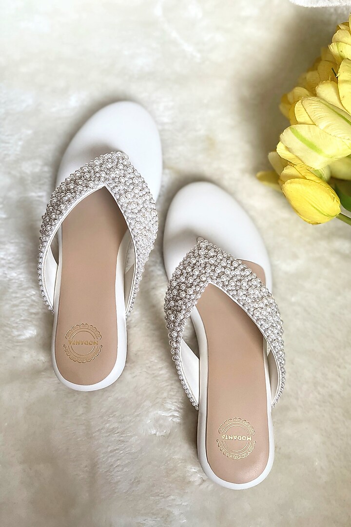 White Artificial Leather Pearl Handmade Wedges by Modanta at Pernia's Pop Up Shop