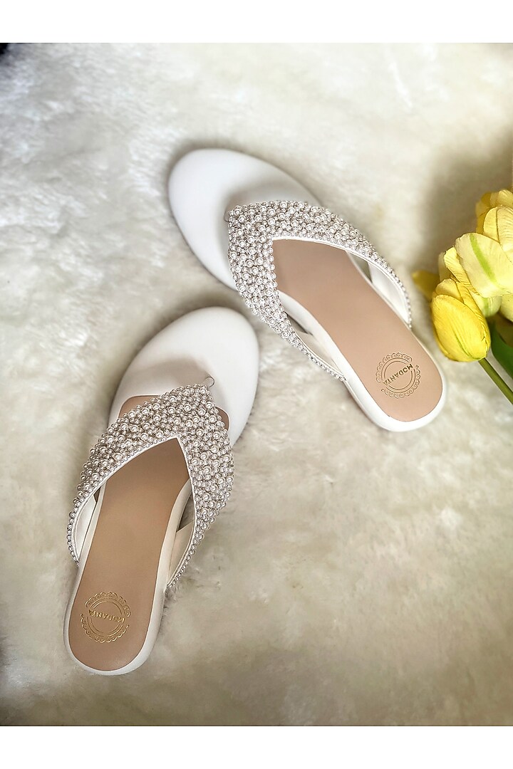 White Artificial Leather Pearl Handmade Wedges by Modanta at Pernia's Pop Up Shop