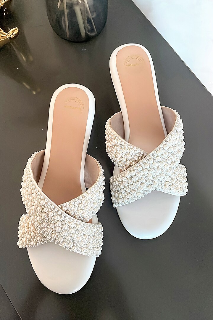 White Artificial Leather Pearl Handmade Cross Strapped Wedges by Modanta at Pernia's Pop Up Shop