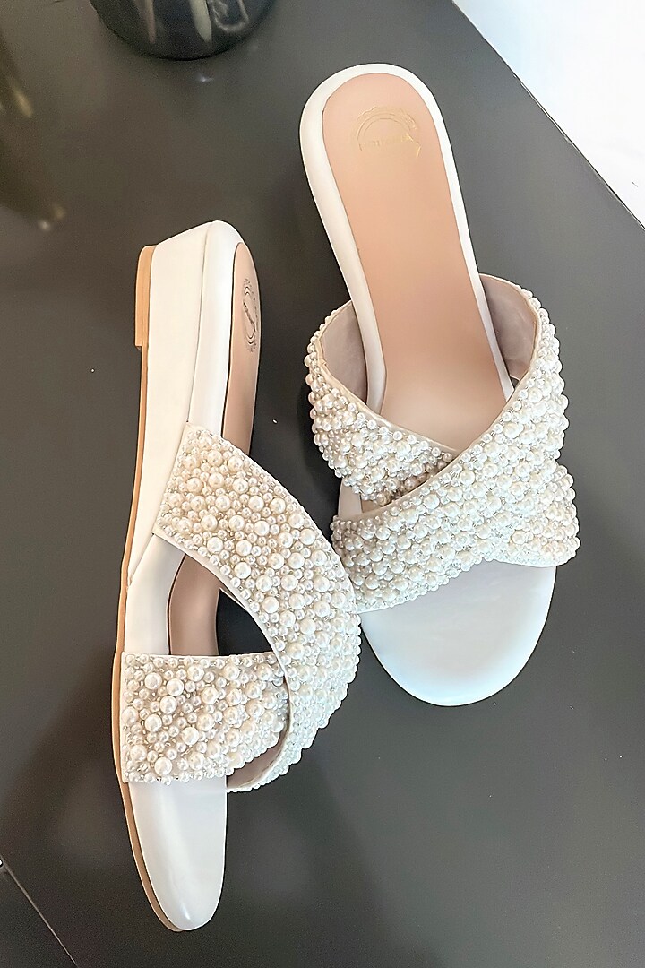 White Artificial Leather Pearl Handmade Cross Strapped Wedges by Modanta at Pernia's Pop Up Shop
