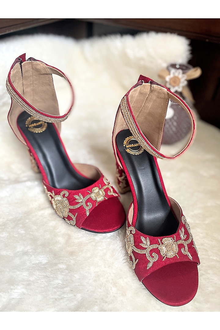 Red Artificial Silk Handmade Heels by Modanta at Pernia's Pop Up Shop