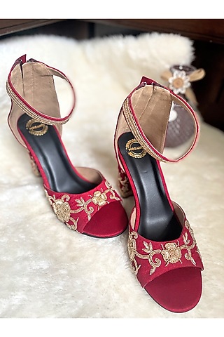 Red Artificial Silk Handmade Heels by Modanta