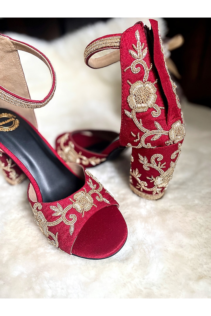 Red Artificial Silk Handmade Heels by Modanta at Pernia's Pop Up Shop
