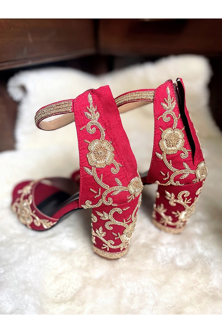 Red Artificial Silk Handmade Heels by Modanta at Pernia's Pop Up Shop