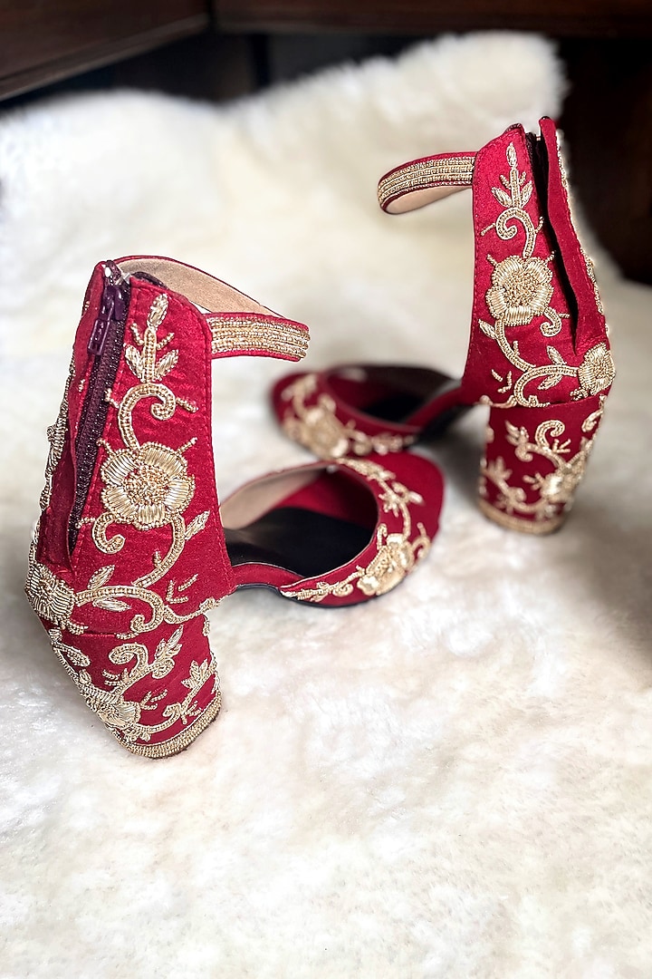 Red Artificial Silk Handmade Heels by Modanta at Pernia's Pop Up Shop
