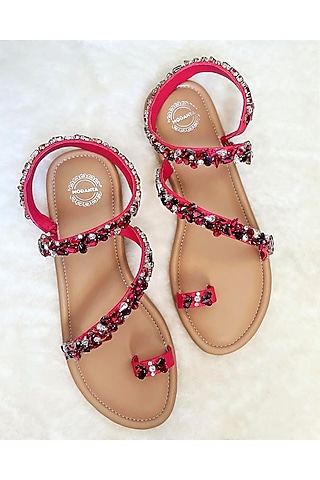 Red Artificial Leather Handmade Flats by Modanta