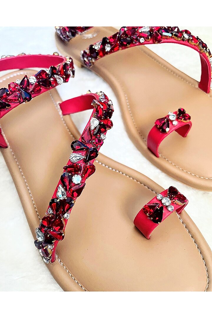 Red Artificial Leather Handmade Flats by Modanta at Pernia's Pop Up Shop