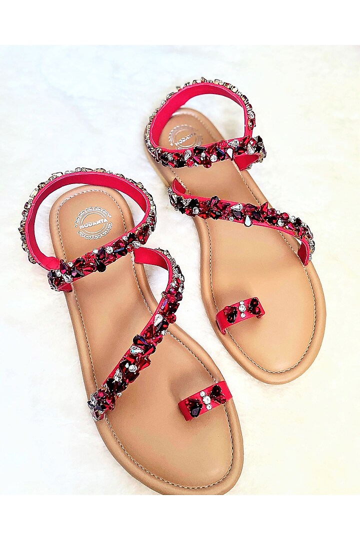 Red Artificial Leather Handmade Flats by Modanta at Pernia's Pop Up Shop