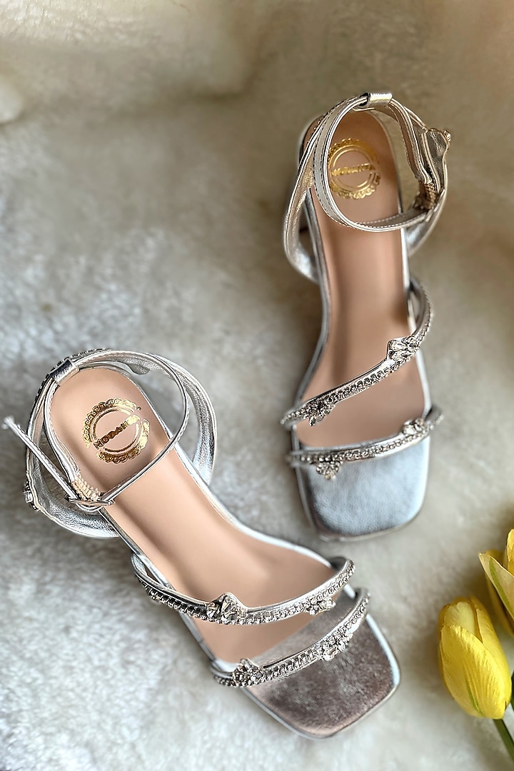 Silver Artificial Leather Handmade Heels by Modanta at Pernia's Pop Up Shop