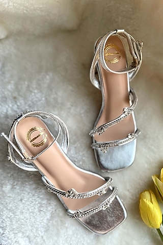 Silver Artificial Leather Handmade Heels by Modanta