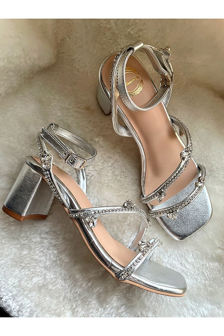 Silver Artificial Leather Handmade Heels by Modanta at Pernia's Pop Up Shop
