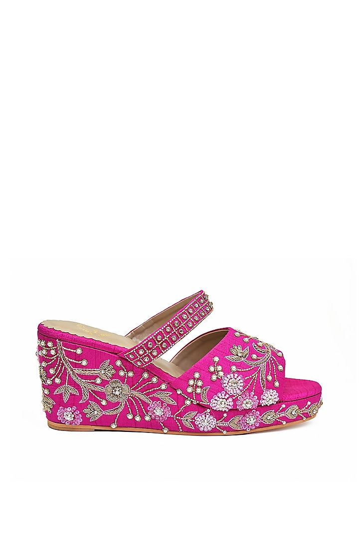 Fuchsia Pink Embroidered Wedges by Modanta