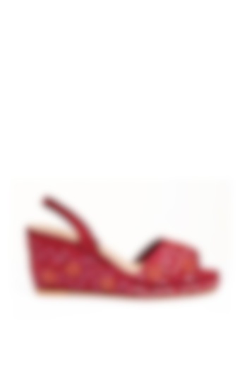 Red Embroidered Wedges by Modanta