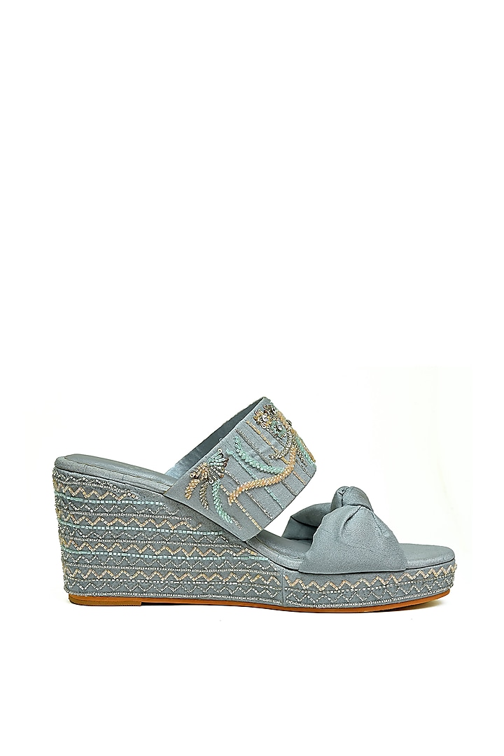 Silver Toned Embroidered Wedges by Modanta