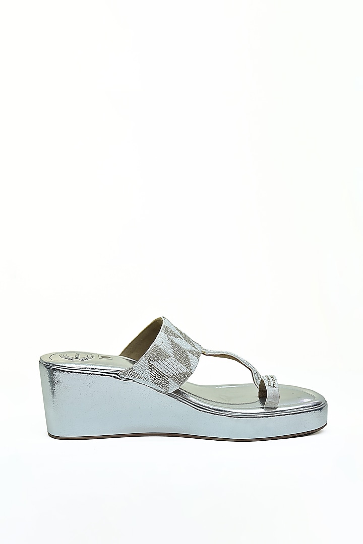 Silver & White Embroidered Wedges by Modanta