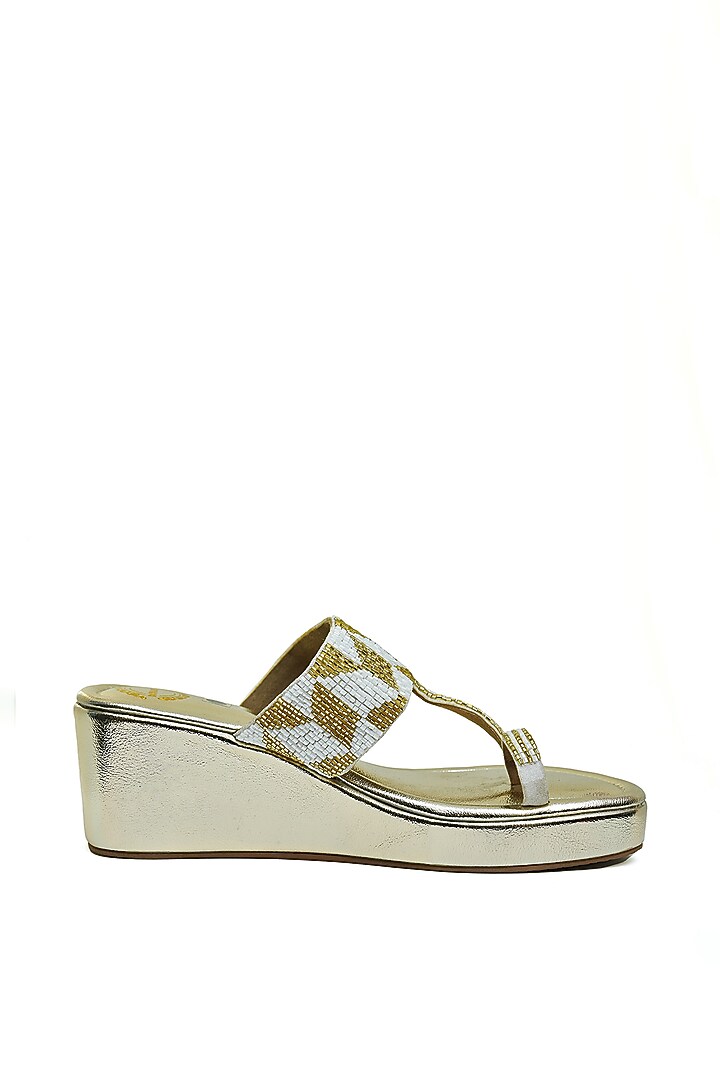 Gold & White Embroidered Wedges by Modanta at Pernia's Pop Up Shop