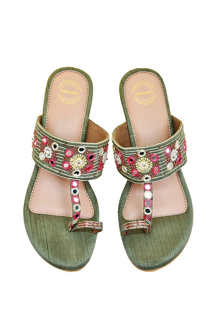 Green Embroidered Kolhapuri Heels by Modanta at Pernia's Pop Up Shop