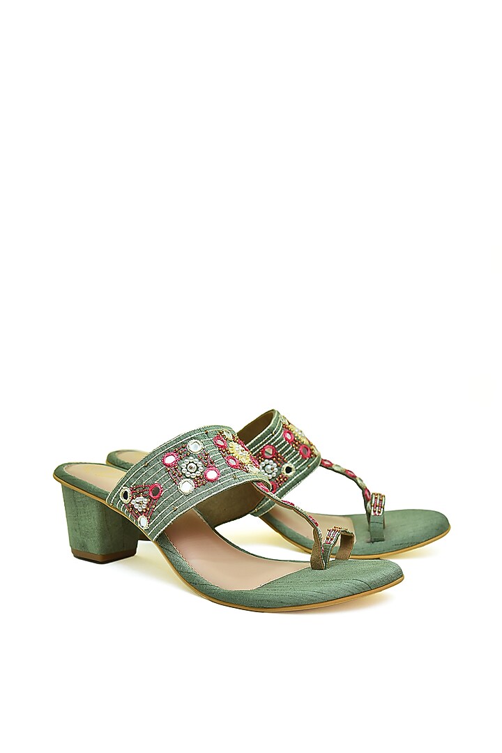 Green Embroidered Kolhapuri Heels by Modanta at Pernia's Pop Up Shop