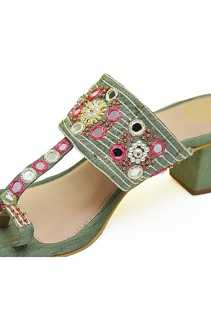 Green Embroidered Kolhapuri Heels by Modanta at Pernia's Pop Up Shop