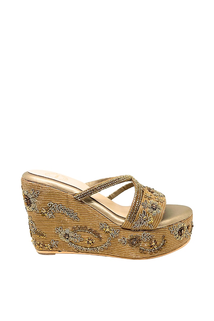 Gold Artificial Silk Floral Zardosi Embroidered Strappy Wedges by Modanta