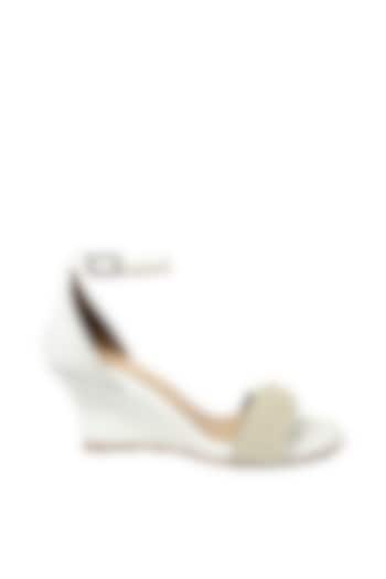 White Artificial Leather Pearl Embroidered Wedges by Modanta