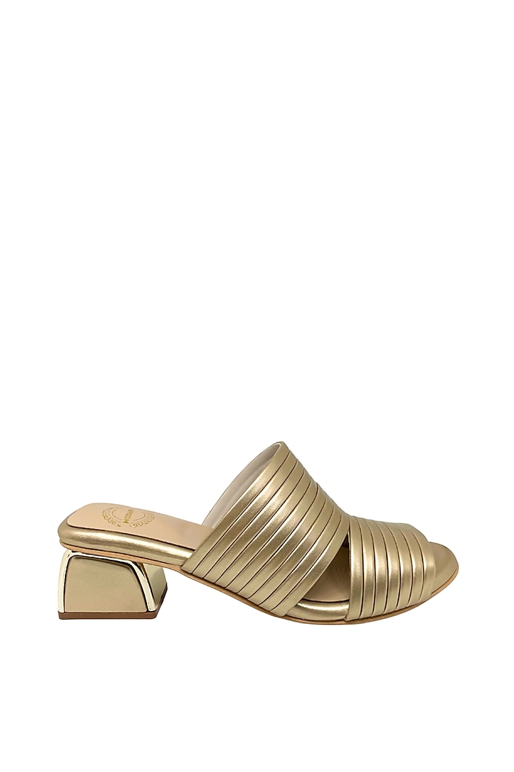 Golden Artificial Leather Pleated Peep-Toe Heels by Modanta