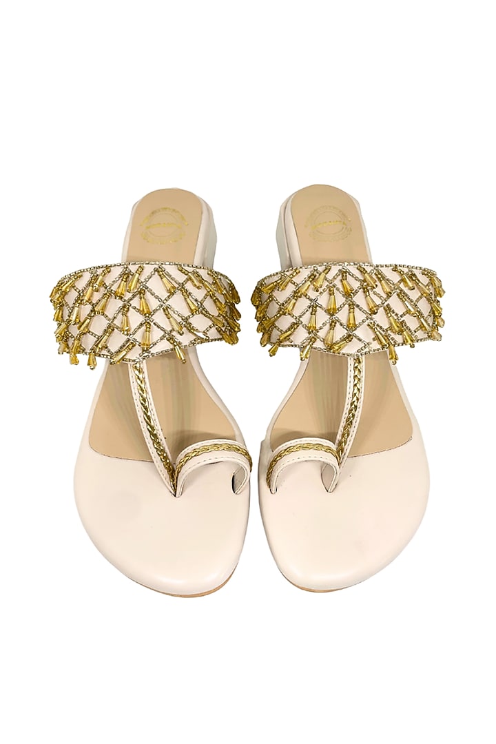 Beige & Gold Artificial Leather Cutdana Embroidered Kolhapuri Heels by Modanta at Pernia's Pop Up Shop