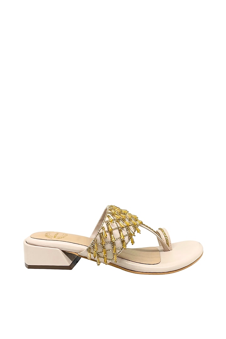 Beige & Gold Artificial Leather Cutdana Embroidered Kolhapuri Heels by Modanta