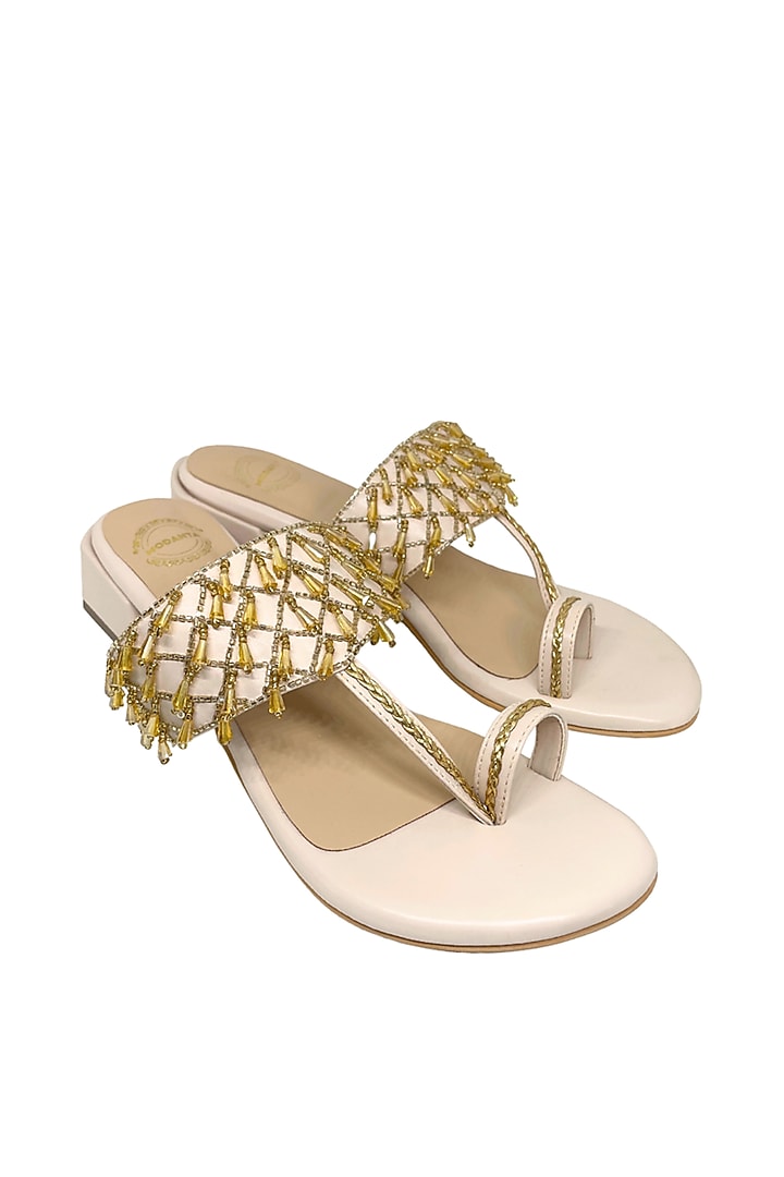 Beige & Gold Artificial Leather Cutdana Embroidered Kolhapuri Heels by Modanta at Pernia's Pop Up Shop