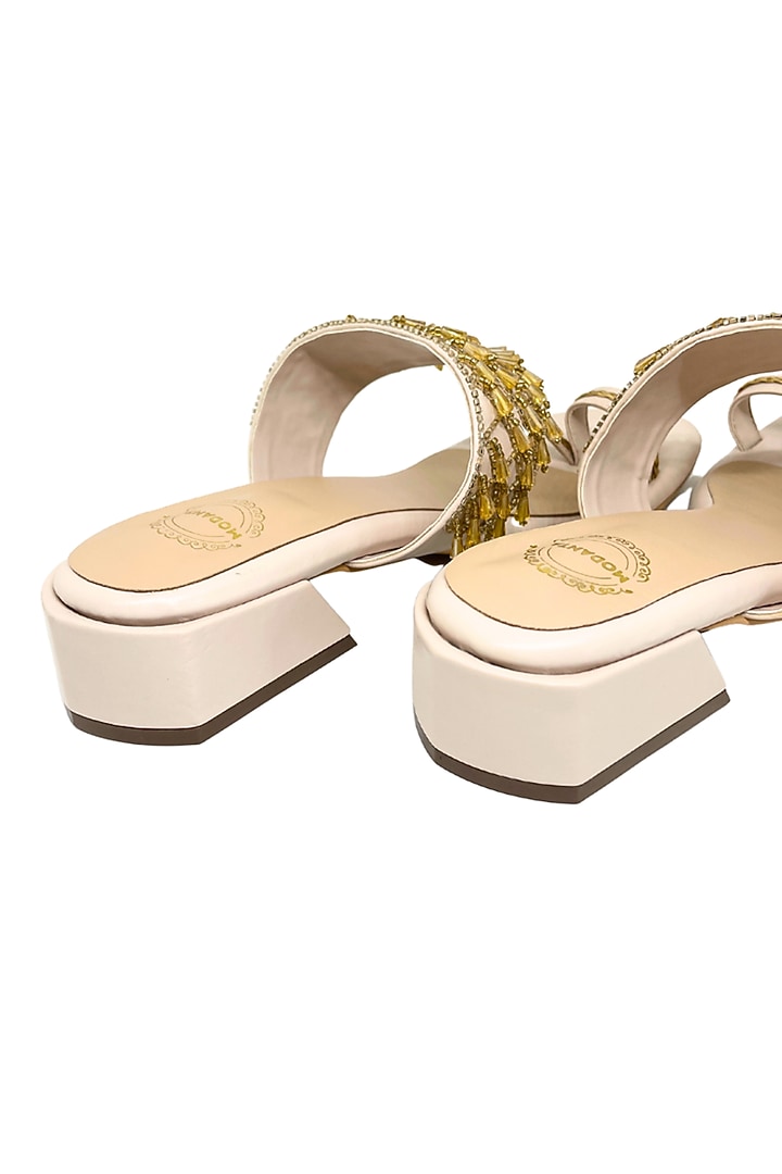 Beige & Gold Artificial Leather Cutdana Embroidered Kolhapuri Heels by Modanta at Pernia's Pop Up Shop