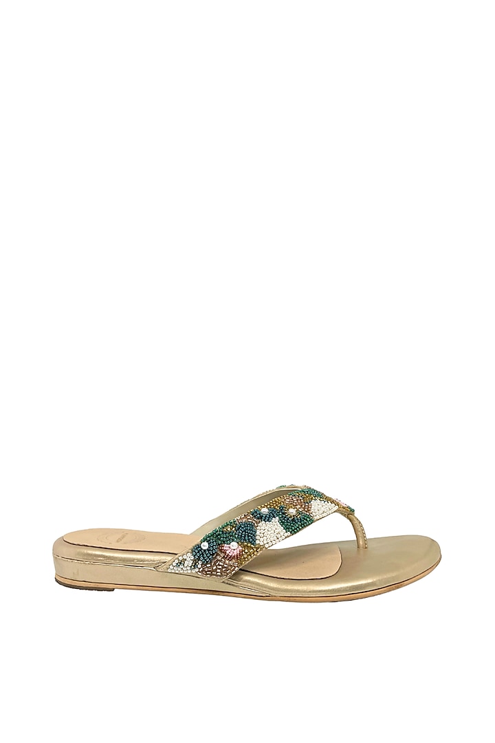 Golden Artificial Leather Cutdana Embroidered Slip-Ons by Modanta