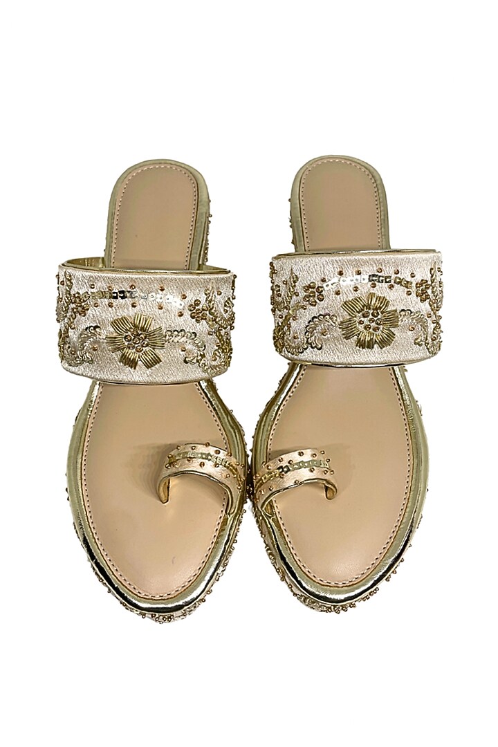 Golden Satin Floral Zardosi Embroidered Kolhapuri Wedges by Modanta at Pernia's Pop Up Shop