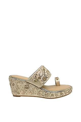 Golden Satin Floral Zardosi Embroidered Kolhapuri Wedges by Modanta
