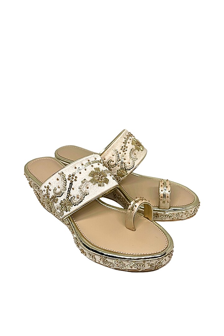 Golden Satin Floral Zardosi Embroidered Kolhapuri Wedges by Modanta at Pernia's Pop Up Shop