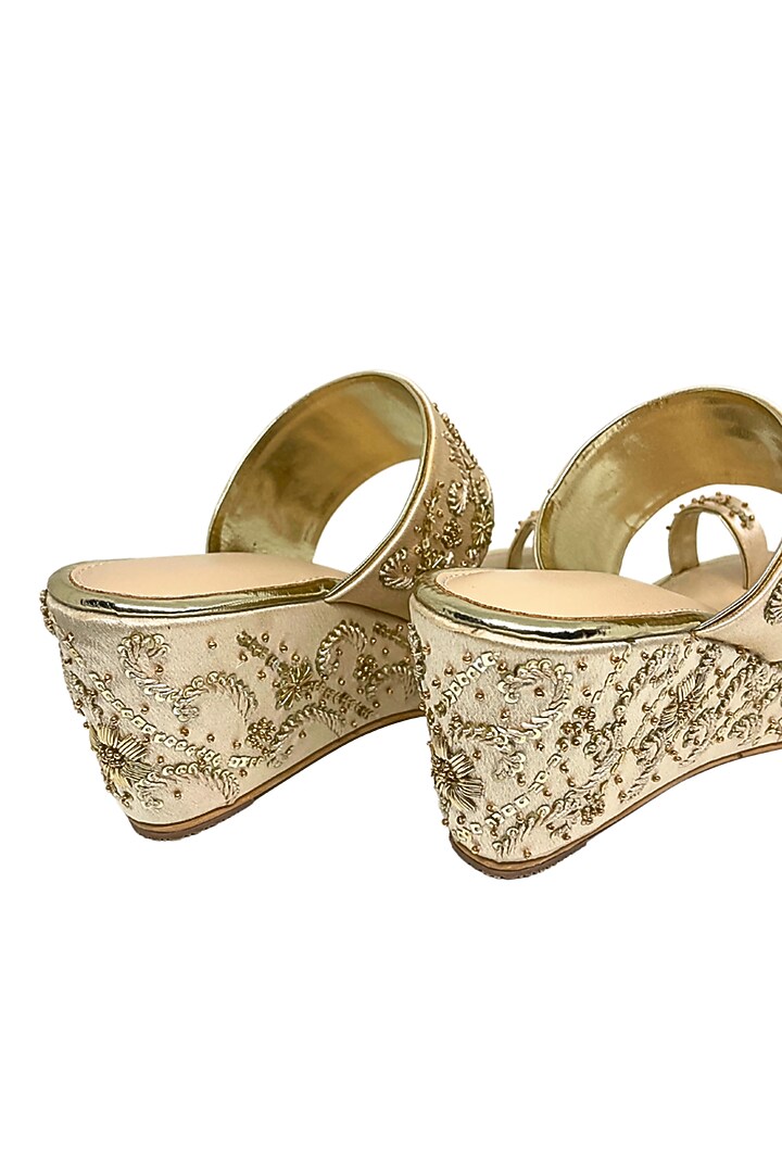 Golden Satin Floral Zardosi Embroidered Kolhapuri Wedges by Modanta at Pernia's Pop Up Shop