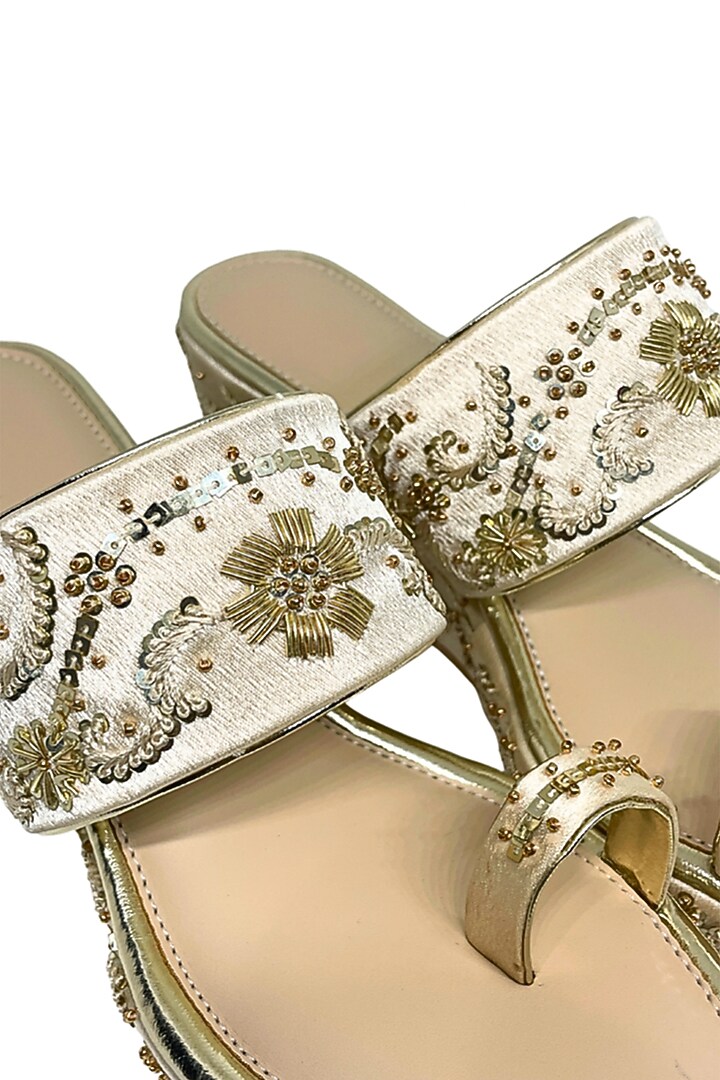 Golden Satin Floral Zardosi Embroidered Kolhapuri Wedges by Modanta at Pernia's Pop Up Shop