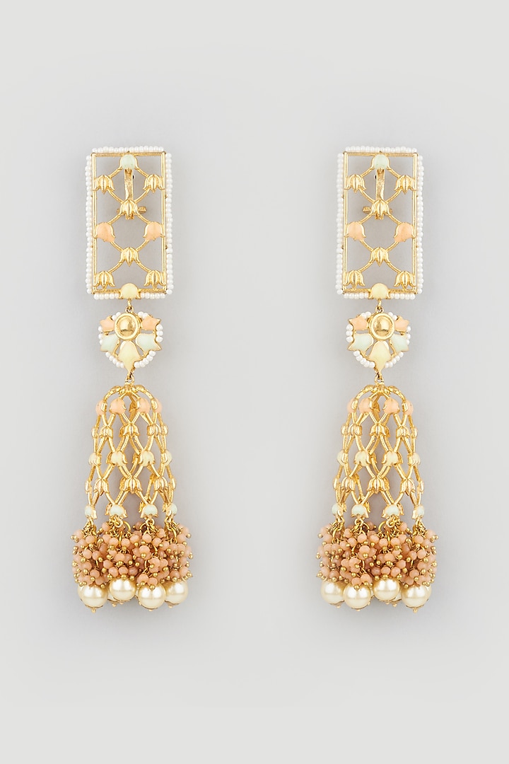 Gold Finish Pearls & Stones Long Dangler Earrings by Mine of Design at Pernia's Pop Up Shop