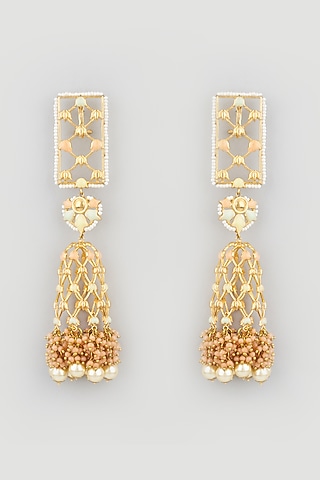 Gold Finish Pearls & Stones Long Dangler Earrings by Mine of Design