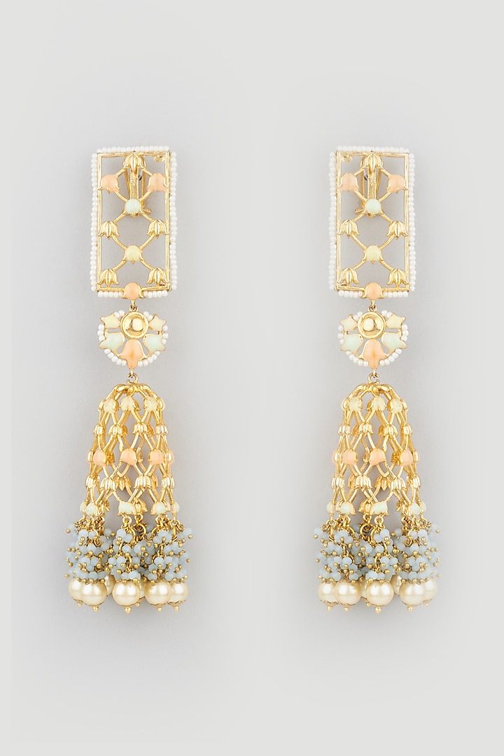 Gold Finish Multi-Colored Stone Jhumka Earrings by Mine of Design