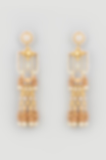 Gold Finish Peach Stone Jhumka Earrings by Mine of Design at Pernia's Pop Up Shop