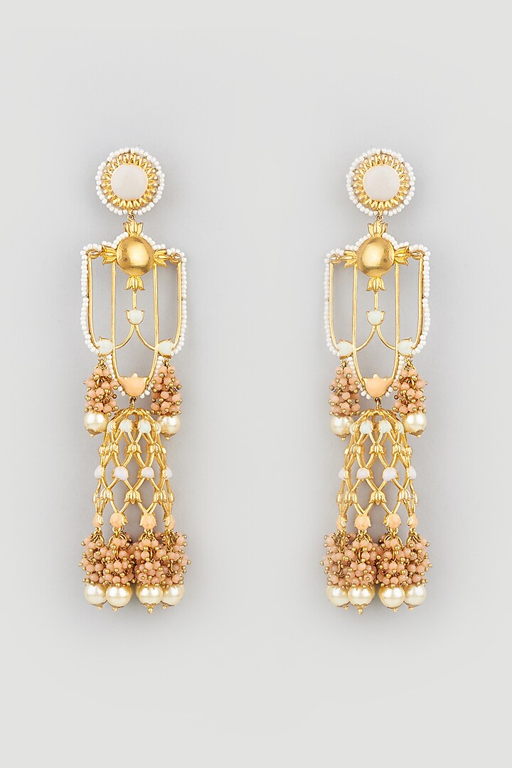 Gold Finish Peach Stone Jhumka Earrings by Mine of Design at Pernia's Pop Up Shop